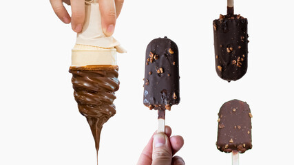 Multiple chocolate ice cream cones isolated on white background