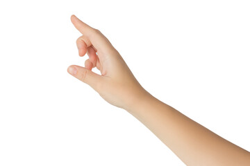 Female hand with pointing gesture isolated on white background.