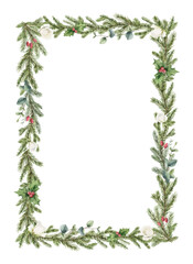 Watercolor vector Christmas wreath with fir branches, white rose and eucalyptus.