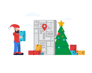 Festive delivery service bundle. Courier delivery christmas tree and gifts conceptual situations. Merry Xmas and Happy New Year celebration cartoon. - Vector