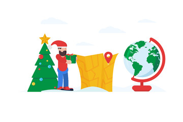 Festive delivery service bundle. Courier delivery christmas tree and gifts conceptual situations. Merry Xmas and Happy New Year celebration cartoon. - Vector