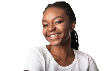 African Woman With Dental Braces Smiling Posing Over White Background