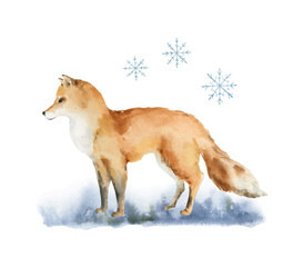 Watercolor vector Christmas card with a Fox and landscape.