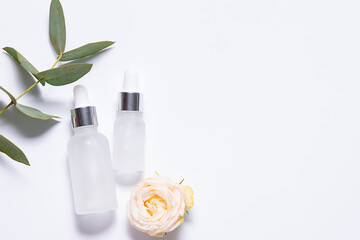 Organic serums for skin care in glass white bottles on white background with eucalyptus twig and rose flower. Face care concept.