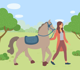 Woman walking with horse in park, summertime. Smiling female rider going with stallion outdoor, woman and farm animal on ranch. Girl walking with horse with saddle and rein, engaging horseback riding