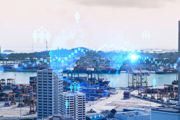 Social media icons hologram over panorama city view of Singapore, Asia. The concept of people networking and connections. Double exposure.