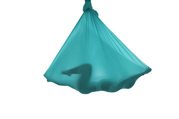 silhouette of girl in hammock doing yoga isolated on white