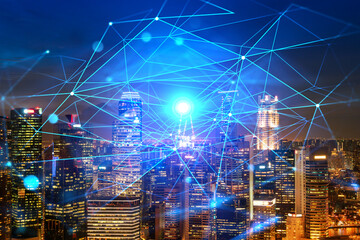 Abstract technology icons, night aerial panoramic cityscape of Singapore, Asia. The concept of...
