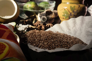 Latin America, Mexico, Central America, Nicaragua traditional species. Linseed, Linum usitatissimum, coarse grained salt, aniz, pimpinella anisum, bay leaf and green bitter orange.