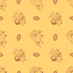 Aztec cacao seamless pattern design with tribal elements.