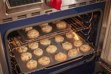 checking on doness of chocolatechip cookies baking in the oven