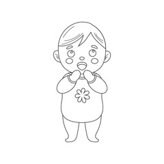 Cute little boy. Coloring page of outline sticker of little baby boy. Emblem of kid health. monochrome illustration.