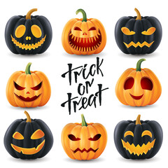 Halloween background, funny pumpkins. Greeting card for party and sale. Autumn holidays. Vector illustration EPS10.