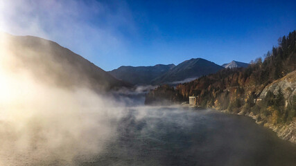 Breathtaking mountain scenery landscape in the Austrian Bavarian Alps with lake, meadows and...
