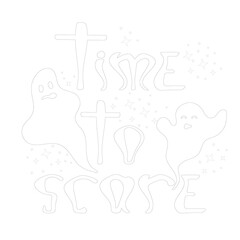 Time to scare coloring book page. Nice halloween party illustration with ghosts for anti stress drawing. Outline doodle poster for children activity, festival, party, leisure time. EPS10