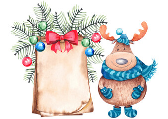 Funny moose, parchment greeting card and Christmas decoration.