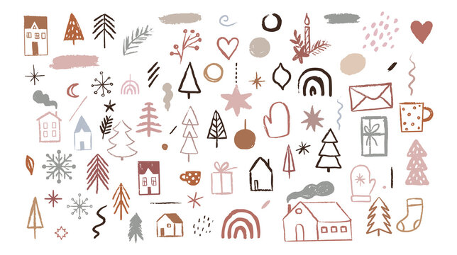Hand drawn Christmas and New Year doodles, sketches and icons. Vector illustrations
