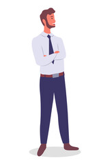 Smiling man young businessman dressed in shirt and tie standing crossed his arms over his chest at full height on white. Businessperson male character in formal clothes office worker or employee