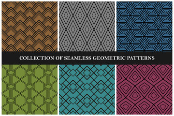 Collection of color seamless geometric patterns. Retro design - repeatable textile backgrounds