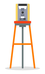 Tachymeter isolated on white. Device for measuring angles and distances apparatus vector illustration. Geodesic instrument geodimeter on a special stand tripod. Optical device flat vector illustration