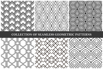 Collection of vector seamless geometric patterns. Ornamental monochrome repeatable backgrounds. Simple black and white creative textures - endless design