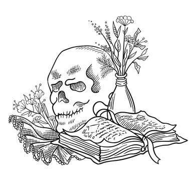 recommend clip art: Human skull and a book with spells. Halloween witchcraft magic. Secret knowledge. Hand drawn sketch vector. Mystic and occult illustration.