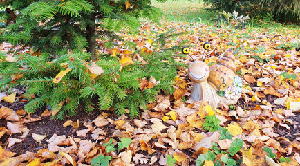 Obraz premium garden decor in autumn, fallen leaves, green conifers and ceramic snail