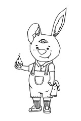 Halloween line art rabbit with a third eye in a jumpsuit with a doll in one hand and a flame in the other.