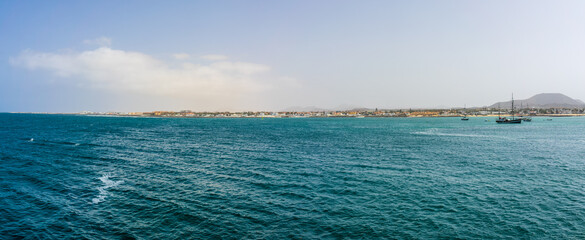 Panoramic view of water area of the seaport. Corralejo. Fuerteventura. Canary islands. Spain.