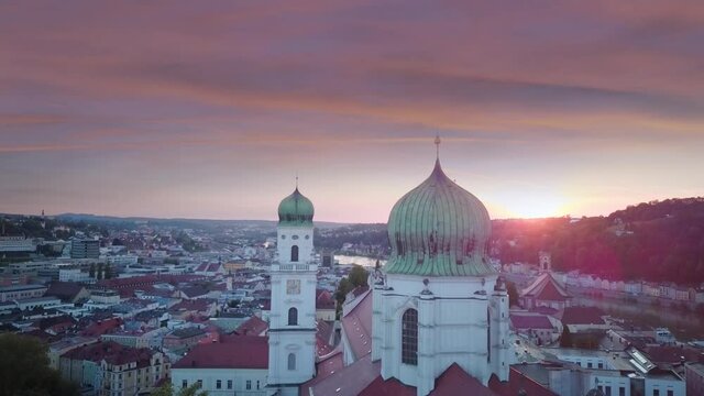Aerial Sunset Shot of Stephansdom Passau