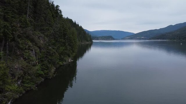 Drone flying over a lake in the mountains