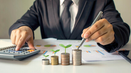 Businessman pointing to a stack of coins where plants are growing, business and financial growth ideas.