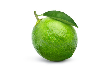 Fresh lime with green leaf isolated on white background. Clipping path.