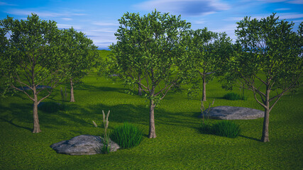 Fresh Green Scenery Landscape Nature Trees Fields On A Sunny Day 3D Illustration