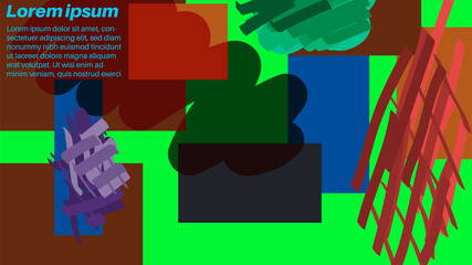 Bright abstract background with strokes, marker, spots, geometric shapes. Collage with fantasy shapes. Vector illustration.