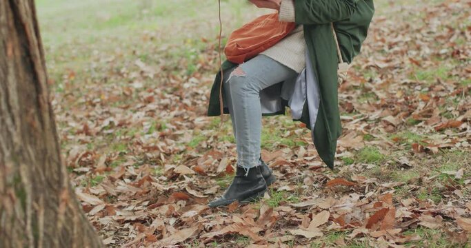 woman sitting on a swing under a big tree while reading a book in an autumn day.slow motion