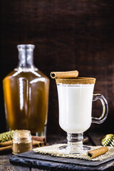 Eggnog, a warm winter drink that contains the following ingredients: egg yolk sugar, milk, sour cream, nutmeg and, optionally, an alcoholic drink such as bourbon (a type of whiskey), rum or cognac.