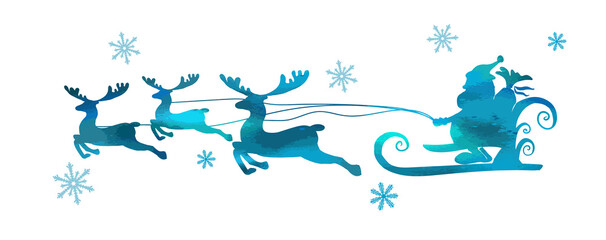 Blue Santa Claus in a sleigh rides on deer. Vector illustration