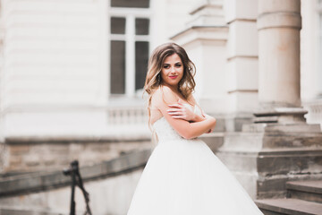 Beautiful fashion bride in wedding dress posing