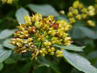 Physocarpus opulifolius bush with fruits and seeds close up