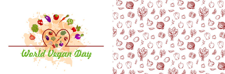 Fototapeta premium World vegan day hand-drawn vector illustration. Image Of the inscription vegan day surrounded by fruit on a watercolor spray and heart