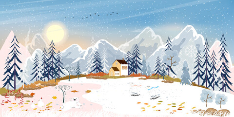 Winter landscape, Celebrating Christmas and new year in village in sunny day with blue sky, Vector of horizontal banner winter wonderland in countryside with happy polar bear playing in the park