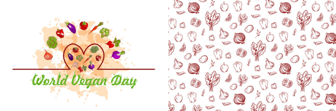 World vegan day hand-drawn vector illustration. Image Of the inscription vegan day surrounded by fruit on a watercolor spray and heart