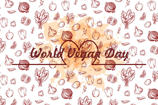 World vegan day hand-drawn vector illustration. Image Of the inscription vegan day surrounded by fruit on a watercolor spray