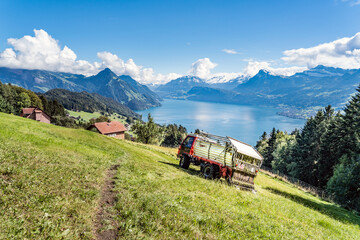 Landwirtschaftliches Fahrzeug , Bürgenstock, Luzern, Vierwaldstättersee, Landwirtschaft, Traktor, Wiese mähen, Herbst, Schweiz © matho