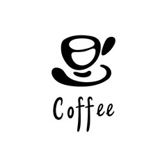Cup of coffee and coffee calligraphy. Black and white icon. Vector Illustration.