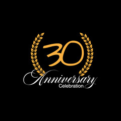 30 years old luxurious logo. Anniversary vector gold colored template framed of palms. Greetings ages celebrates. Celebrating laurel branches