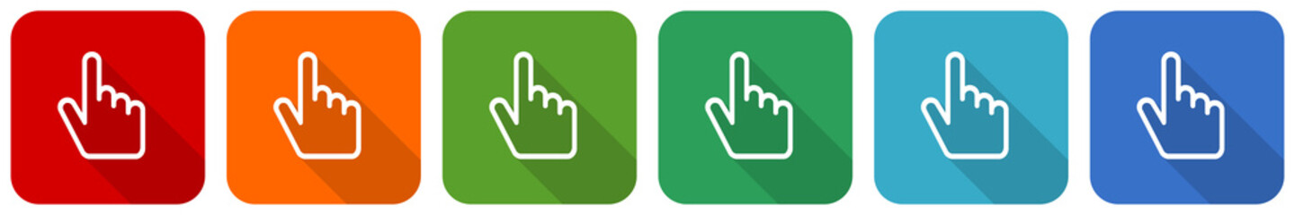 Cursor hand icon set, flat design vector illustration in 6 colors options for webdesign and mobile applications
