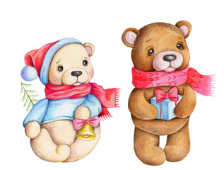 New Year and Christmas two teddy bears in red cap and scarf.