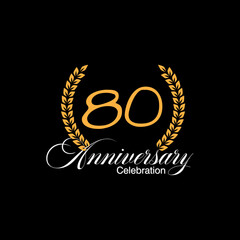80 years old luxurious logo. Anniversary vector gold colored template framed of palms. Greetings ages celebrates. Celebrating laurel branches